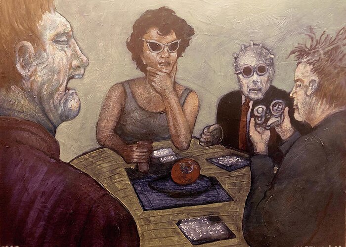 Round Table. Seated Figures Greeting Card featuring the painting Quantum Entanglement Customer Service by William Stoneham