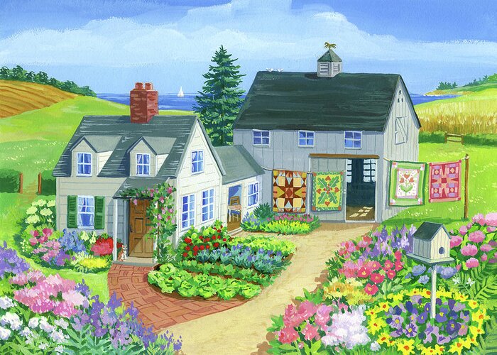 Landscapes & Nature Greeting Card featuring the painting Quilt Barn by Geraldine Aikman