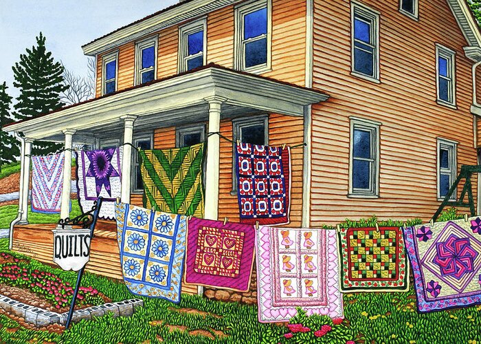 Quilts Hanging In Front Of A House Greeting Card featuring the painting Quilts Nine On The Line, Lancaster, Pa by Thelma Winter