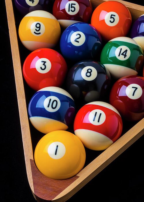 Pool Balls Greeting Card featuring the photograph Racked Billiard Balls by Garry Gay