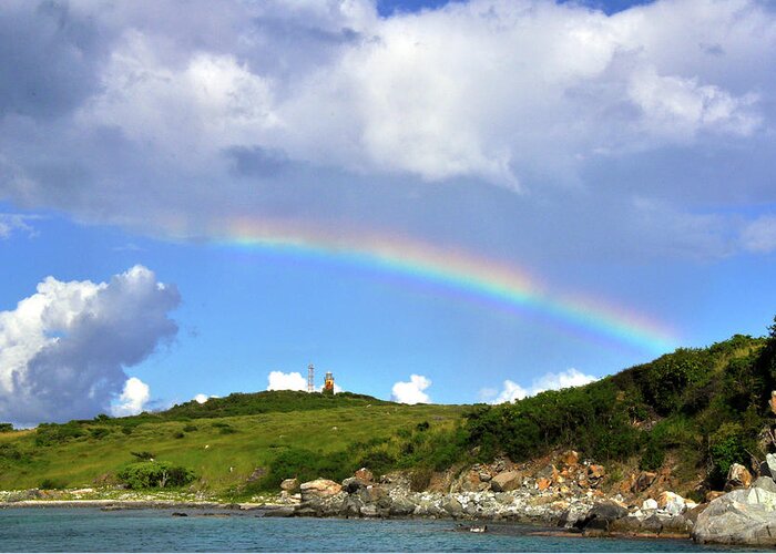 Rainbow Greeting Card featuring the photograph Rainbow over Buck Island Lighthouse by Climate Change VI - Sales
