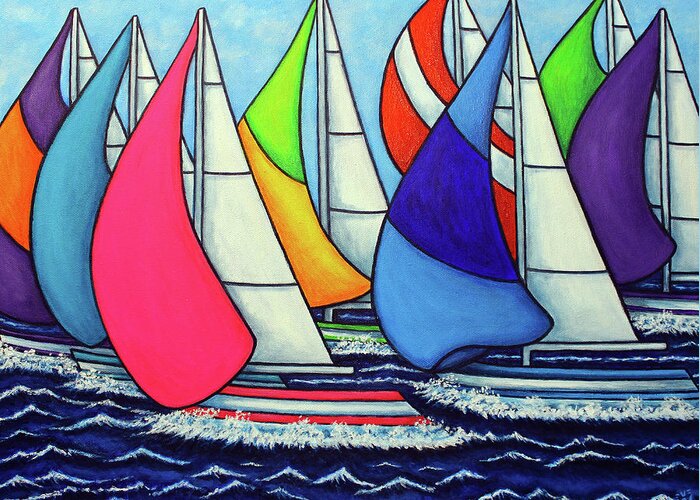 Sailing Greeting Card featuring the painting Rainbow Racing Regatta by Lisa Lorenz