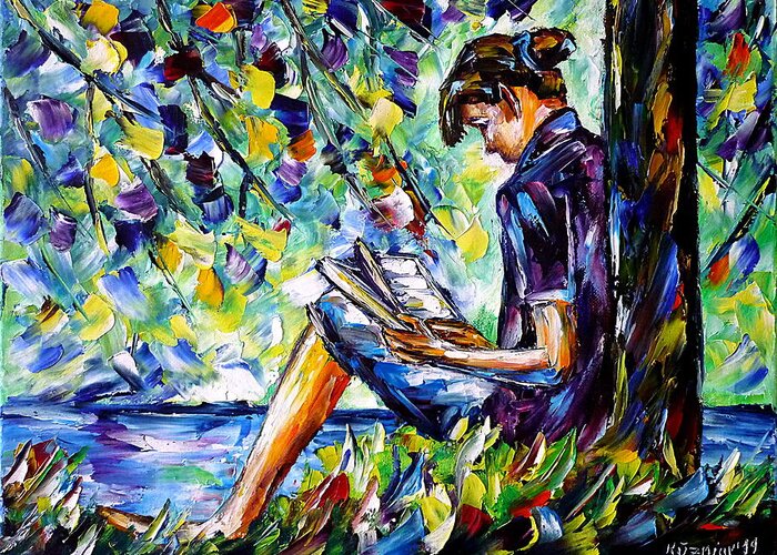 Girl With A Book Greeting Card featuring the painting Reading By The River by Mirek Kuzniar