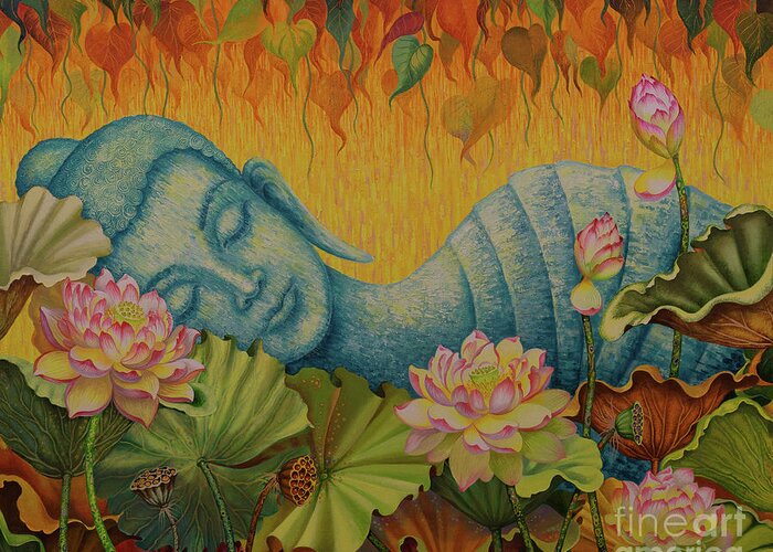 Buddha Paintings Greeting Card featuring the painting Reclining Buddha triptych central part by Yuliya Glavnaya
