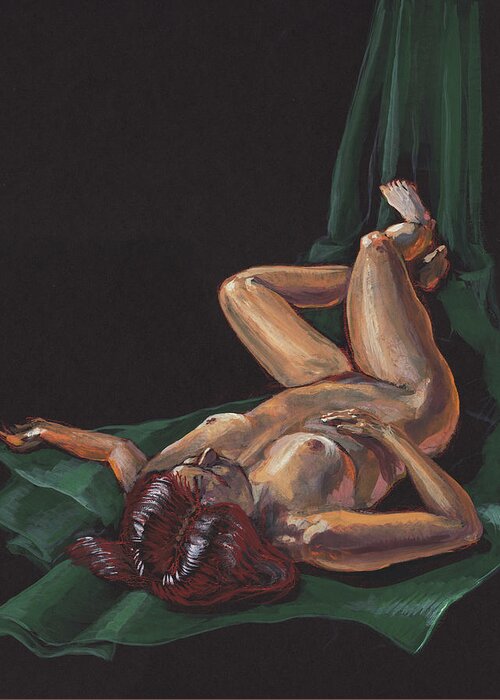 Nude Greeting Card featuring the painting Reclining Nude Model Foreshortening Study by Irina Sztukowski