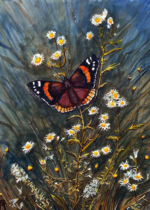 Red Admiral Butterfly Greeting Card featuring the painting Red Admiral and Wild Aster by Katherine Miller
