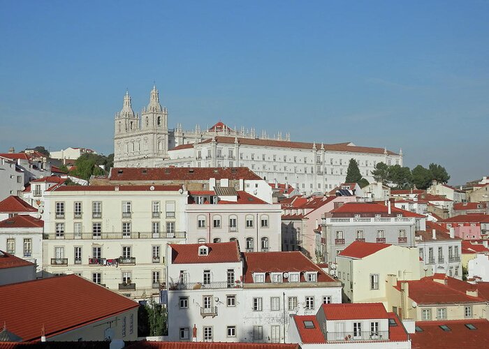 Buildings Greeting Card featuring the photograph Red and White in Lisbon by Pema Hou