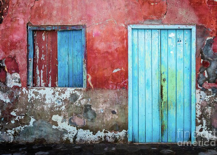 Wall Greeting Card featuring the photograph Red, blue and grey wall, door and window by Lyl Dil Creations