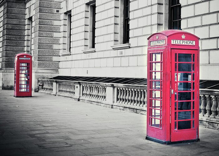 Pay Phone Greeting Card featuring the photograph Red English Phone Booths In Black And by Zodebala