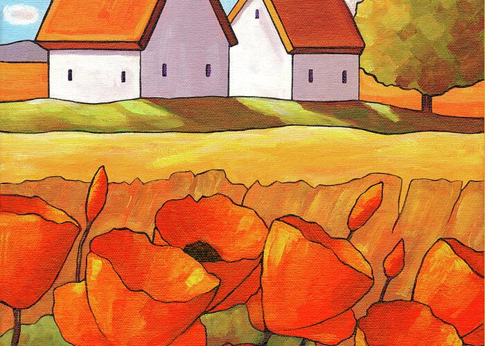 Red Flower Fields Landscape Greeting Card featuring the painting Red Flower Fields Landscape by Cathy Horvath-buchanan