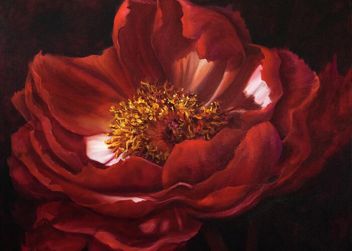 Red Flower Greeting Card featuring the painting Red Peonie Macro Painting by Lynne Pittard