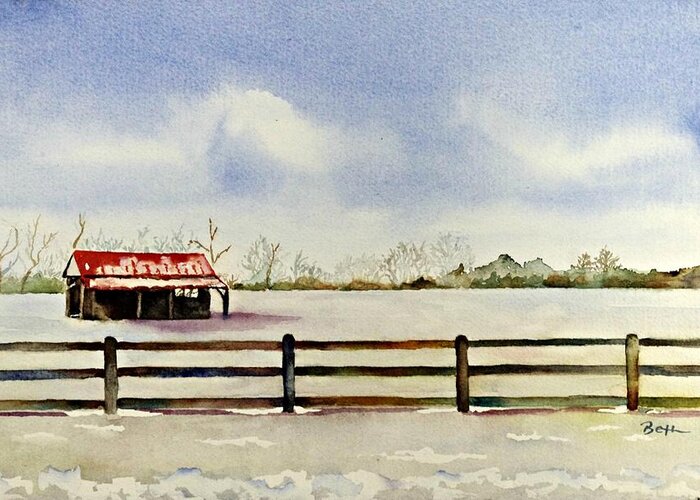 Barn Greeting Card featuring the painting Red-roofed Barn on a Snowy Day by Beth Fontenot