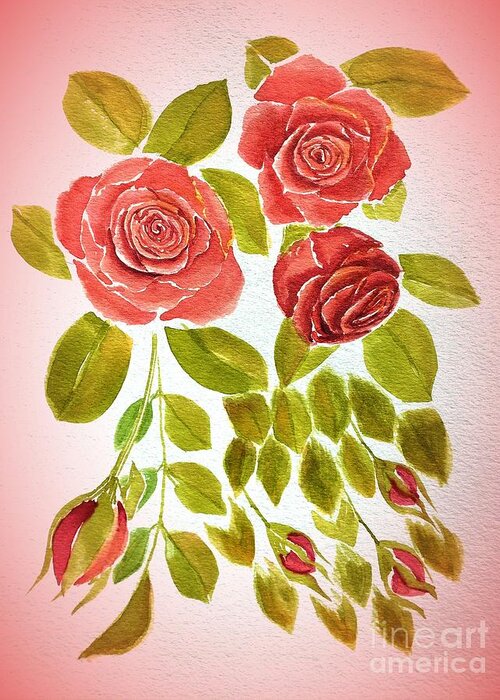 Red Greeting Card featuring the painting Red Rose Floral Pre Framed by Delynn Addams