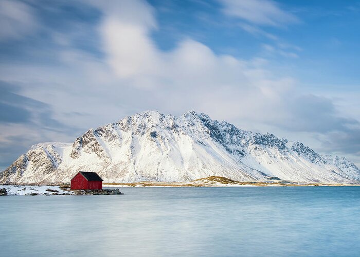 Red Shack On Fjord Greeting Card featuring the photograph Red Shack On Fjord by Michael Blanchette Photography