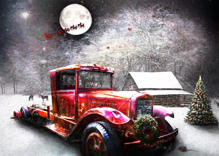 Barn Greeting Card featuring the photograph Red Truck on Christmas Eve Oil Painting by Debra and Dave Vanderlaan