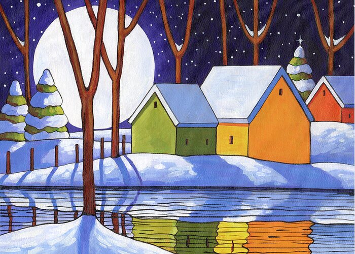 Reflection Winter Night Greeting Card featuring the painting Reflection Winter Night by Cathy Horvath-buchanan