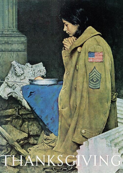Prayer Greeting Card featuring the painting refugee Thanksgiving by Norman Rockwell