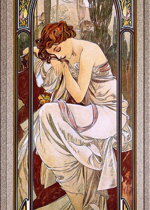 Rest Of The Night Greeting Card featuring the painting Rest Of The Night by Alphonse Mucha by Rolando Burbon