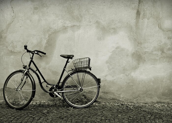 Leaning Greeting Card featuring the photograph Retro Bike Leaning On Wall by Caracterdesign