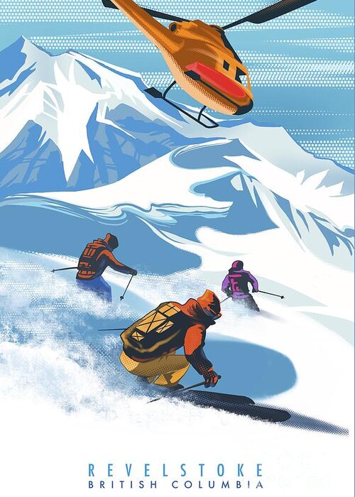 Skiing Greeting Card featuring the painting Retro Revelstoke Heliski Travel Poster by Sassan Filsoof