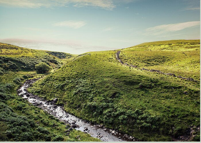 Curve Greeting Card featuring the digital art River Flowing Through Rolling Landscape, Brecon Beacons, Wales, Uk by Matt Walford