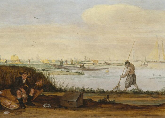 17th Century Art Greeting Card featuring the painting River Landscape with Boats and Fishermen by Arent Arentsz