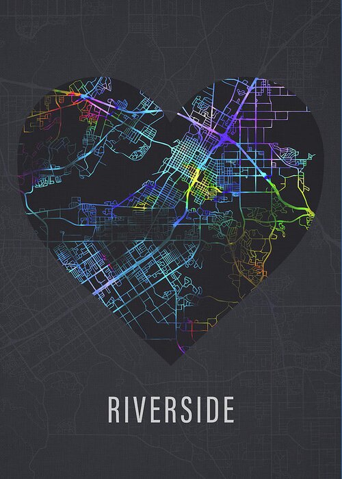 Riverside Greeting Card featuring the mixed media Riverside California City Heart Street Map Love Dark Mode by Design Turnpike