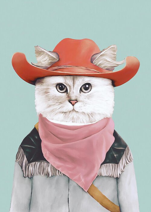 #faatoppicks Rodeo Cat Cowboy Cat Quirky Cat Whimsical Cats Animals In Suits Animals In Clothes Well Dressed Animals Animal Portrait Animal Crew Animal Painting Illustrated Animals Whimsical Illustrated Animals Whimsical Animals Quirky Animals Quirky Quirky Artwork Quirky Paintings Quirky Prints Quirky Decor Quirky Cushions Fun Artwork Lovable Animals Animal Characters Dapper Retro Modern Girls Room Fun Room Decor Greeting Card featuring the painting Rodeo Cat by Animal Crew