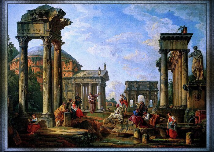 Roman Ruin With A Prophet Greeting Card featuring the digital art Roman Ruin With A Prophet by Giovanni Paolo Pannini by Rolando Burbon