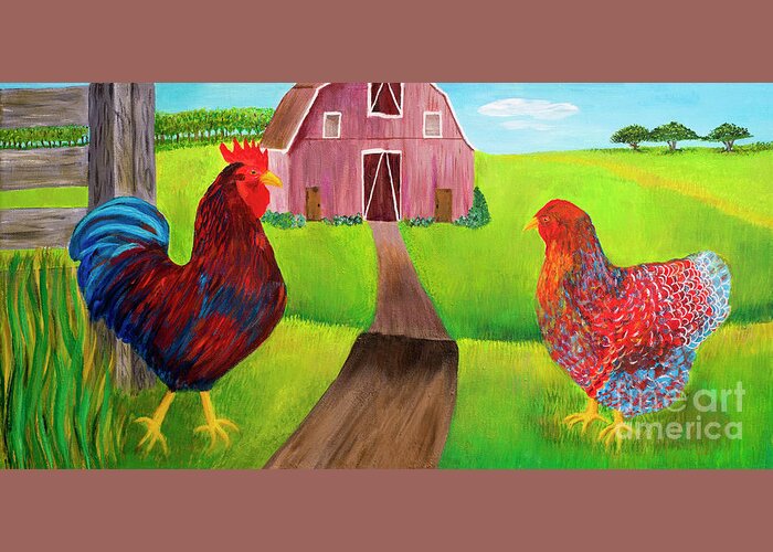 Rooster Greeting Card featuring the painting Rooster Says Cockledoodle Dooo and Hen Crossing Road by Elizabeth Mauldin