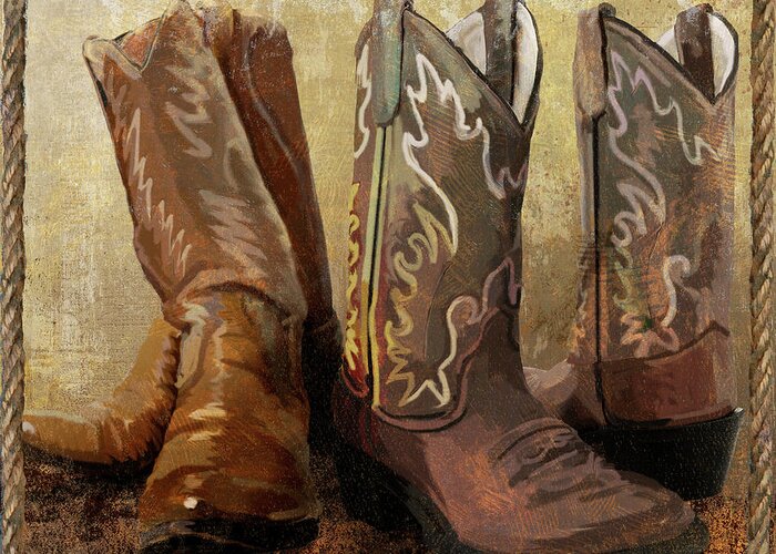 Cowboy Boots Greeting Card featuring the mixed media Roped In Boots by Art Licensing Studio