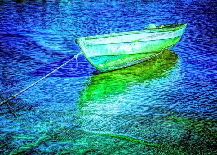 Boats Greeting Card featuring the photograph Rowboat in Vivid Blues by Debra and Dave Vanderlaan