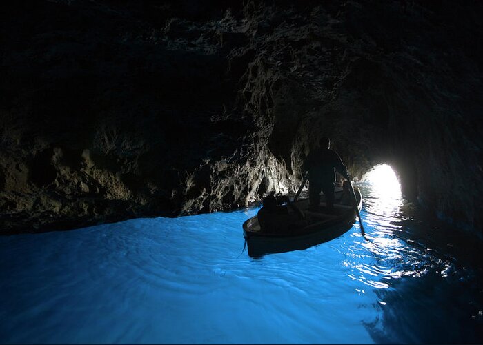 People Greeting Card featuring the photograph Rowboat Inside Blue Grotto by Holger Leue