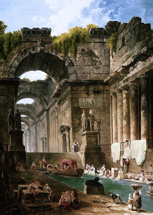 Ruins Of A Roman Bath With Washerwomen Greeting Card featuring the painting Ruins Of A Roman Bath With Washerwomen by Hubert Robert by Rolando Burbon