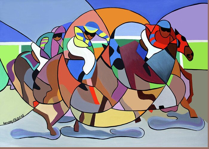 Cubism Greeting Card featuring the painting Running The Race by Anthony Falbo