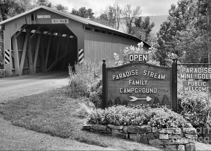Adair Greeting Card featuring the photograph Rural Cisna Mill Covered Bridge Black And White by Adam Jewell