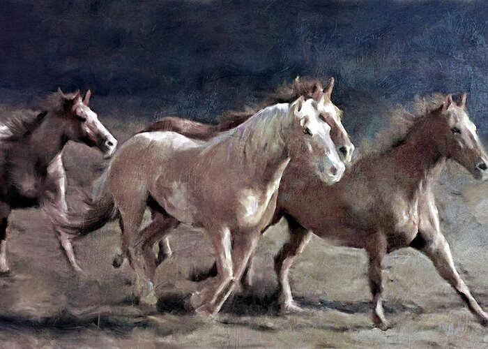 Rustic Running Horse Herd Greeting Card featuring the painting Rustic Running Horse Herd by Katrina Jones