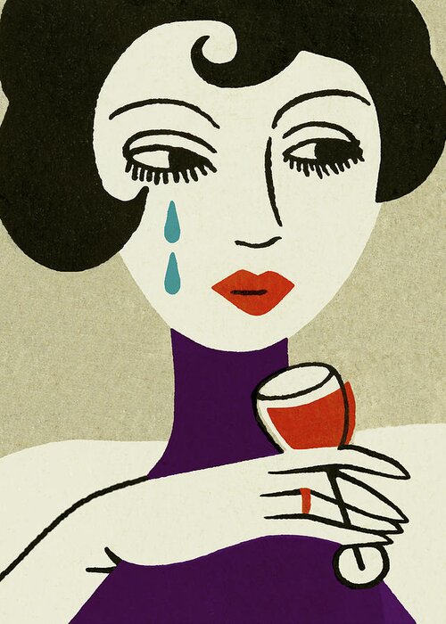 Adult Greeting Card featuring the drawing Sad Woman Drinking Wine by CSA Images