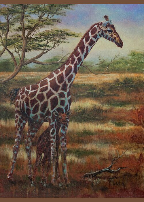 Giraffe Greeting Card featuring the painting Safe Haven by Lynne Pittard