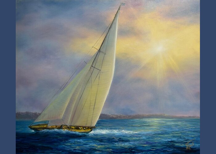 Sailboat Greeting Card featuring the painting Sailing at Sunset by Lynne Pittard