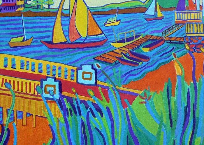Landscape Greeting Card featuring the painting Sailing at Tucks Point Manchester by the sea by Debra Bretton Robinson