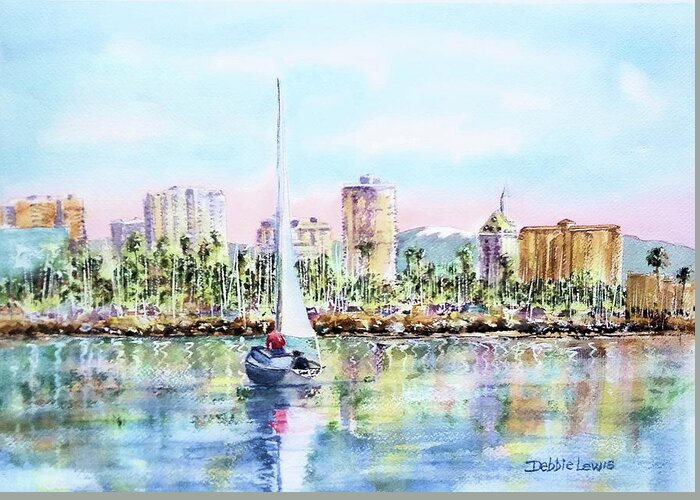 Long Beach California Greeting Card featuring the painting Sailing into Downtown Long Beach by Debbie Lewis