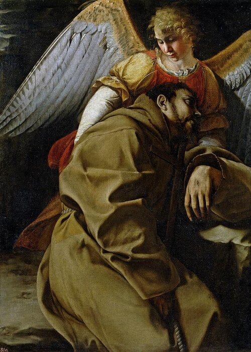 Orazio Gentileschi Greeting Card featuring the painting 'Saint Francis held by an Angel', ca. 1607, Italian School, Oil on ... by Orazio Gentileschi -1563-1639-