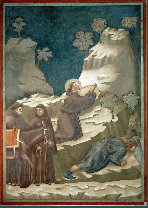 Francis Of Assisi Greeting Card featuring the painting Saint Francis of Assisi and the miracle of the spring by Giotto di Bondone 1266-1337 -1979-. San ... by Album
