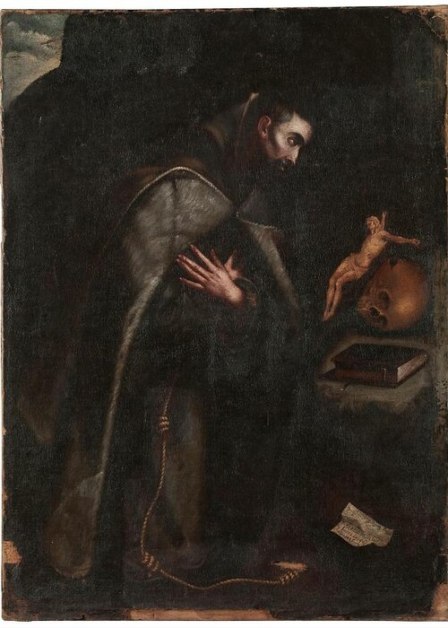 Francis Of Assisi Greeting Card featuring the painting 'Saint Francis of Assisi kneeling in meditation'. Ca. 1664. Oil ... by Mariana De La Cueva Y Barradas