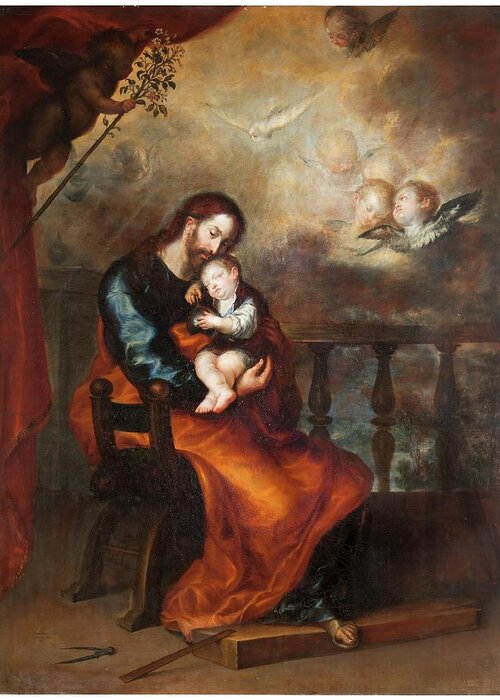 Camilo Francisco Greeting Card featuring the painting 'Saint Joseph with the Christ Child Sleeping in his Arms'. 1652. Oil on canvas. by Francisco Camilo -1615-1673-