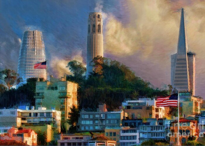 Salesforce Tower Greeting Card featuring the photograph Salesforce Tower Coit Tower Transamerica Pyramid by Blake Richards
