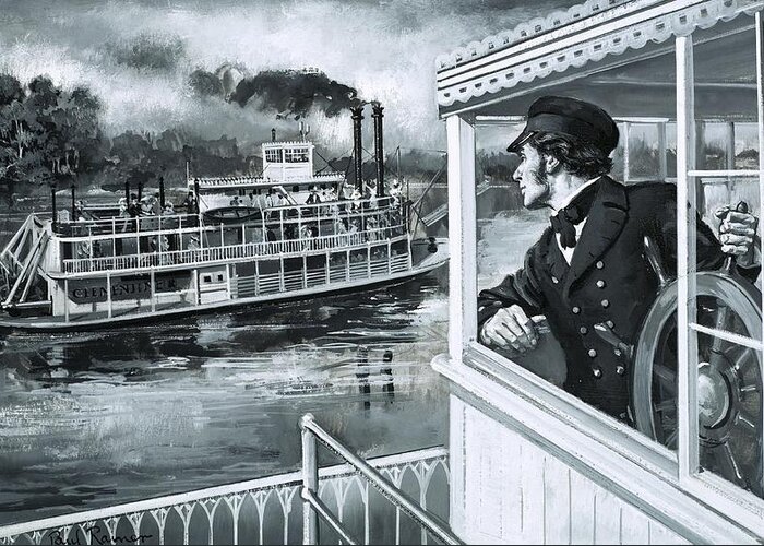 Twain Greeting Card featuring the painting Samuel Clemens - Mark Twain - At Work On The Mississippi by Paul Rainer