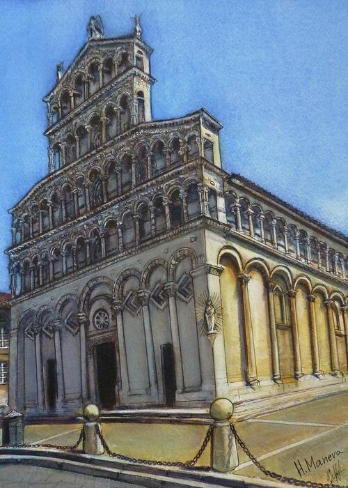 Architecture Greeting Card featuring the painting San Michele in Foro, Lucca by Henrieta Maneva