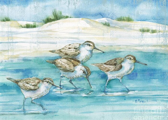 Beach Greeting Card featuring the painting Sandy Sandpipers I by Paul Brent